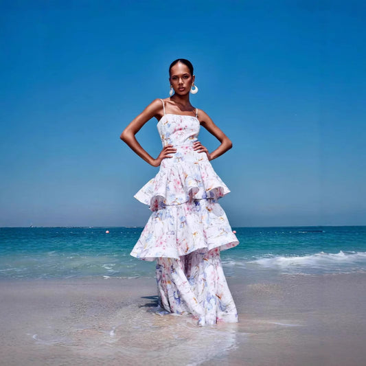 Printed Painted Belt Waist Slimming Dress