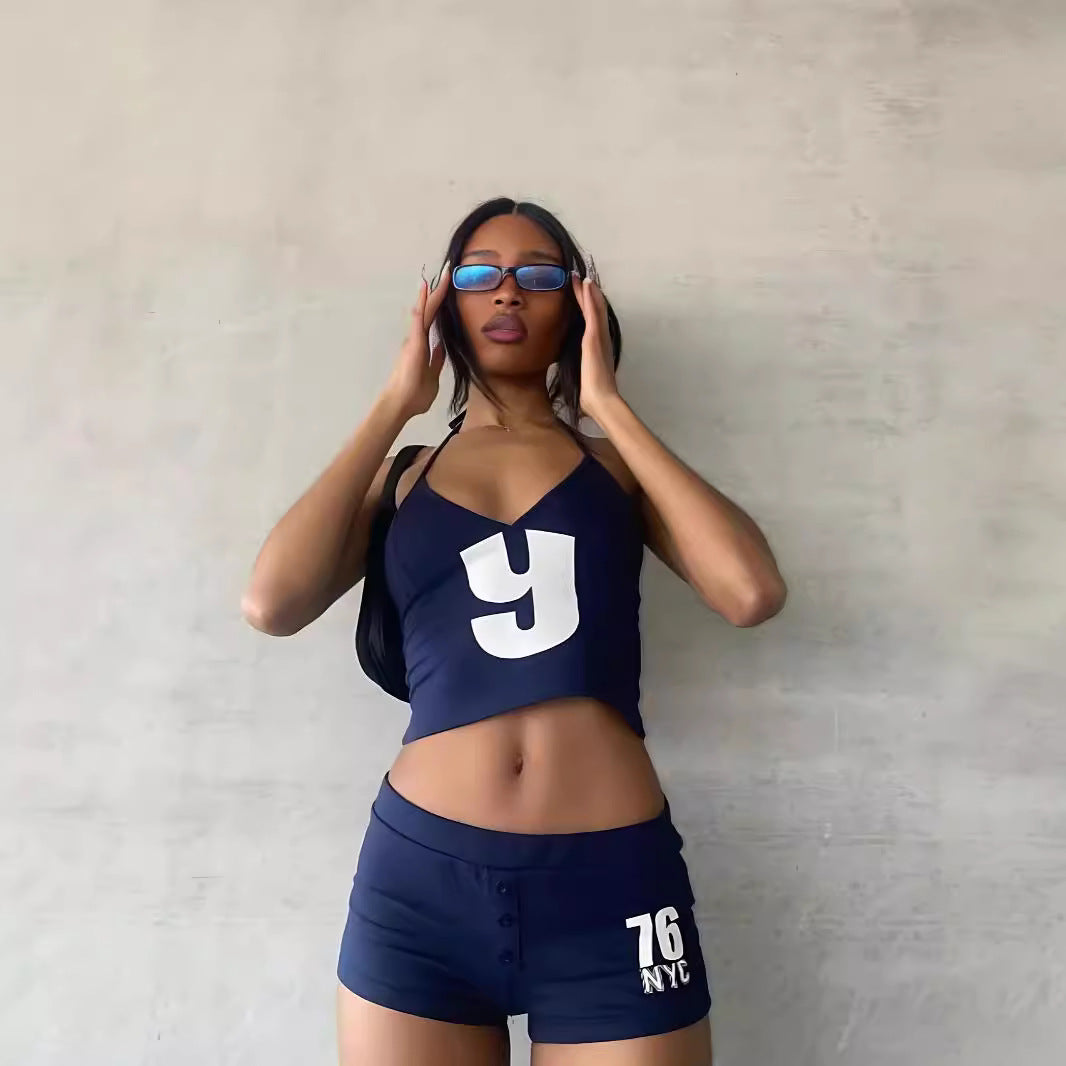 Fashionable Big Letter Print Slim-Fit Sports Tank Top And Shorts Two-Piece Set Cool Girl Outfit