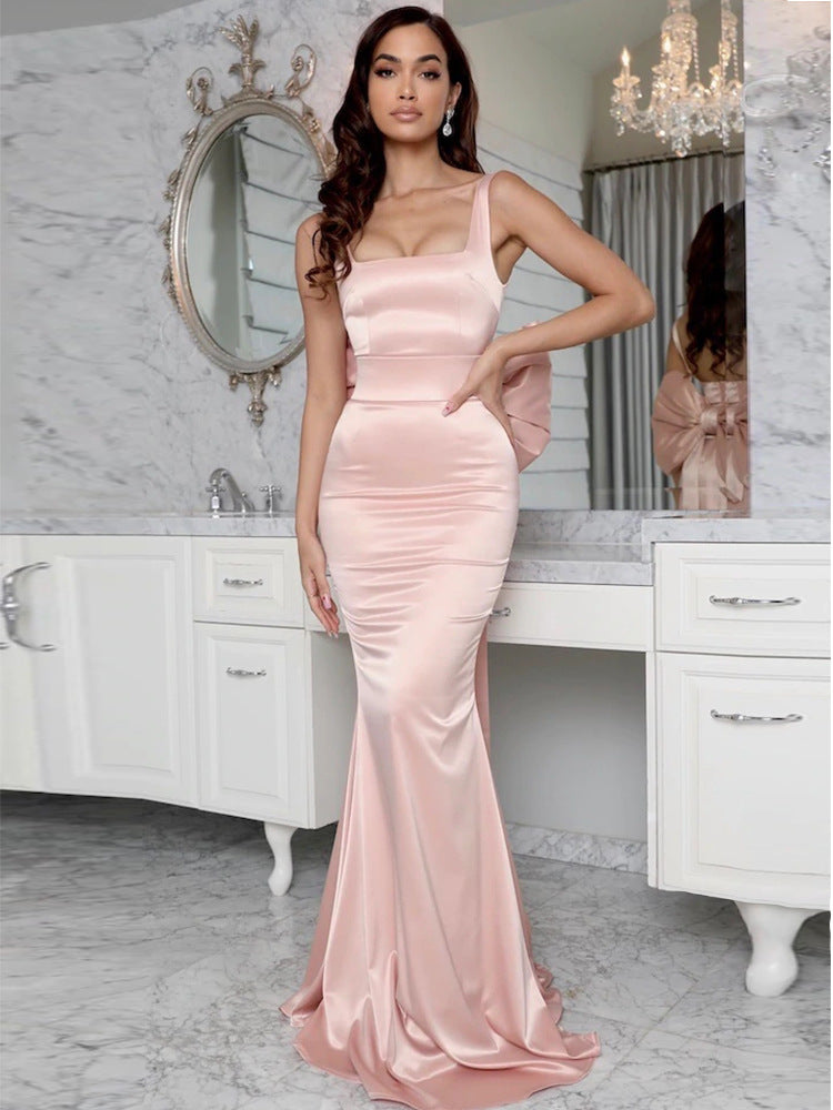 Women's Solid-Colour Bow Long Dress