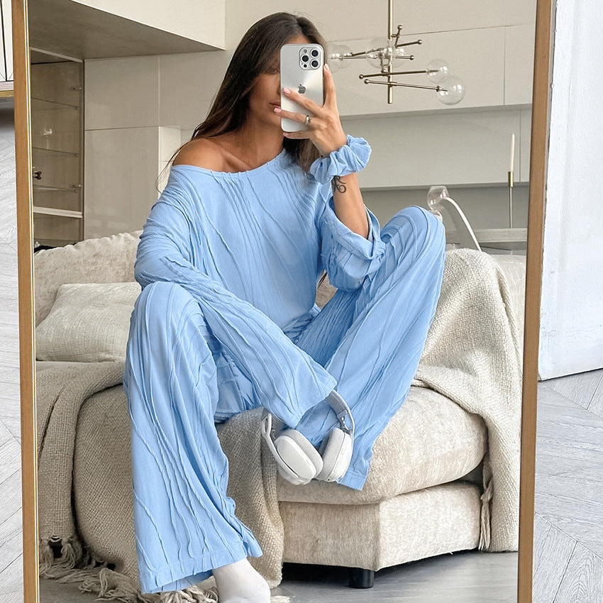 Comfortable Soft Knit Long-sleeve Top And Pants Pajama Set For Home Wear