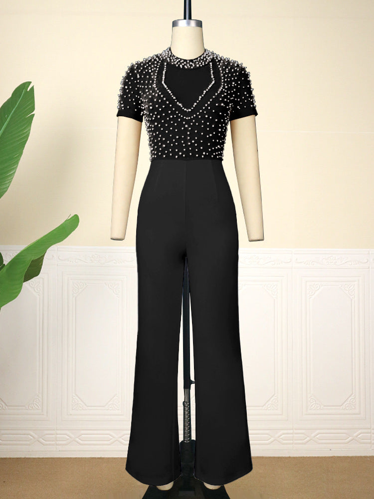 Round-Neck Short-Sleeved Beaded Jumpsuit