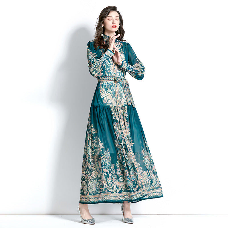 Stand-Up Collar Puff-Sleeve Lace Printing Dress