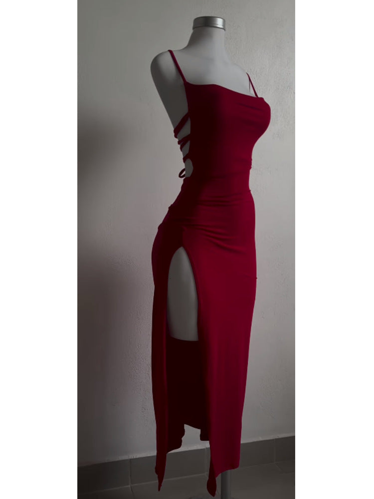 Women's Lace-up Backless Slit Dress Long Dress