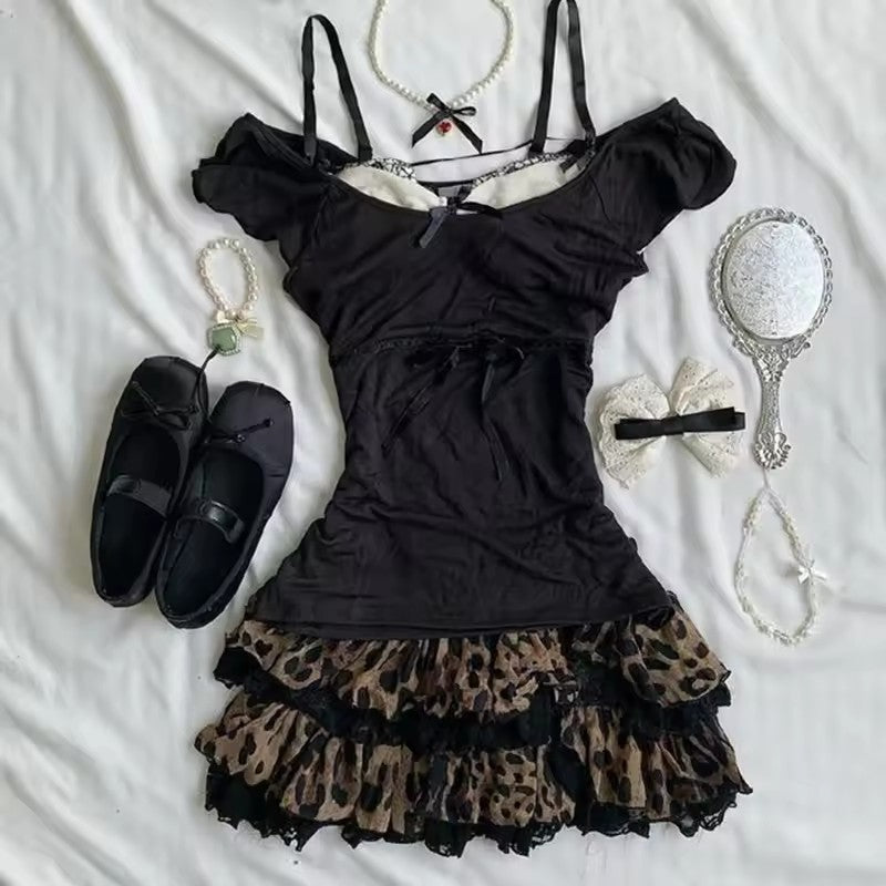 Hot Girl Fashion Trendy Strap Fake Two-piece Black Top