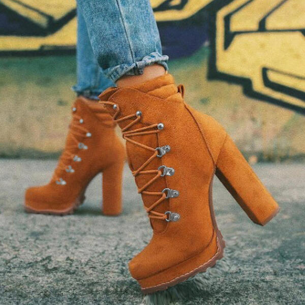 Round-Toe Lace-Up High-Heel Boots