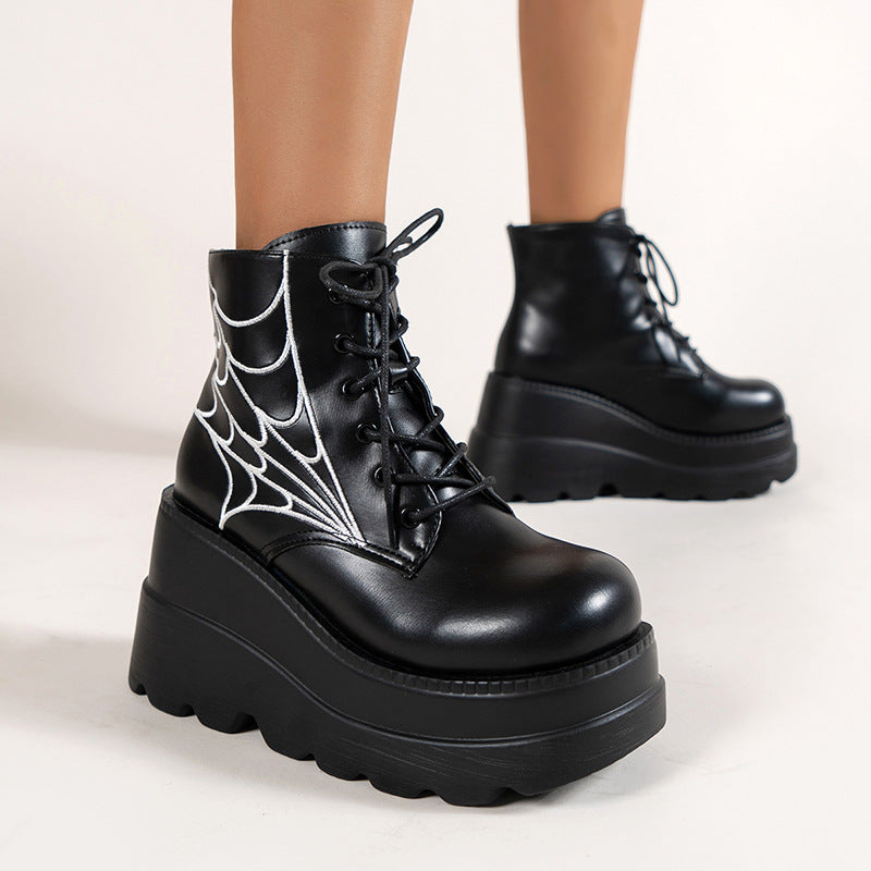 Fashion Spider Web Print Shoes - Chunky-Heel Boots For Women