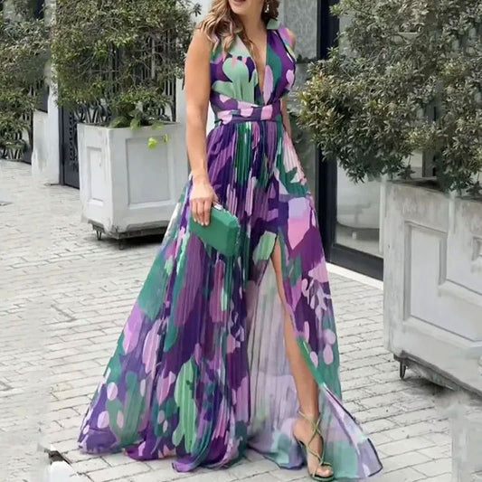 Sleeveless V-Neck Tight-Waist Split Dress
