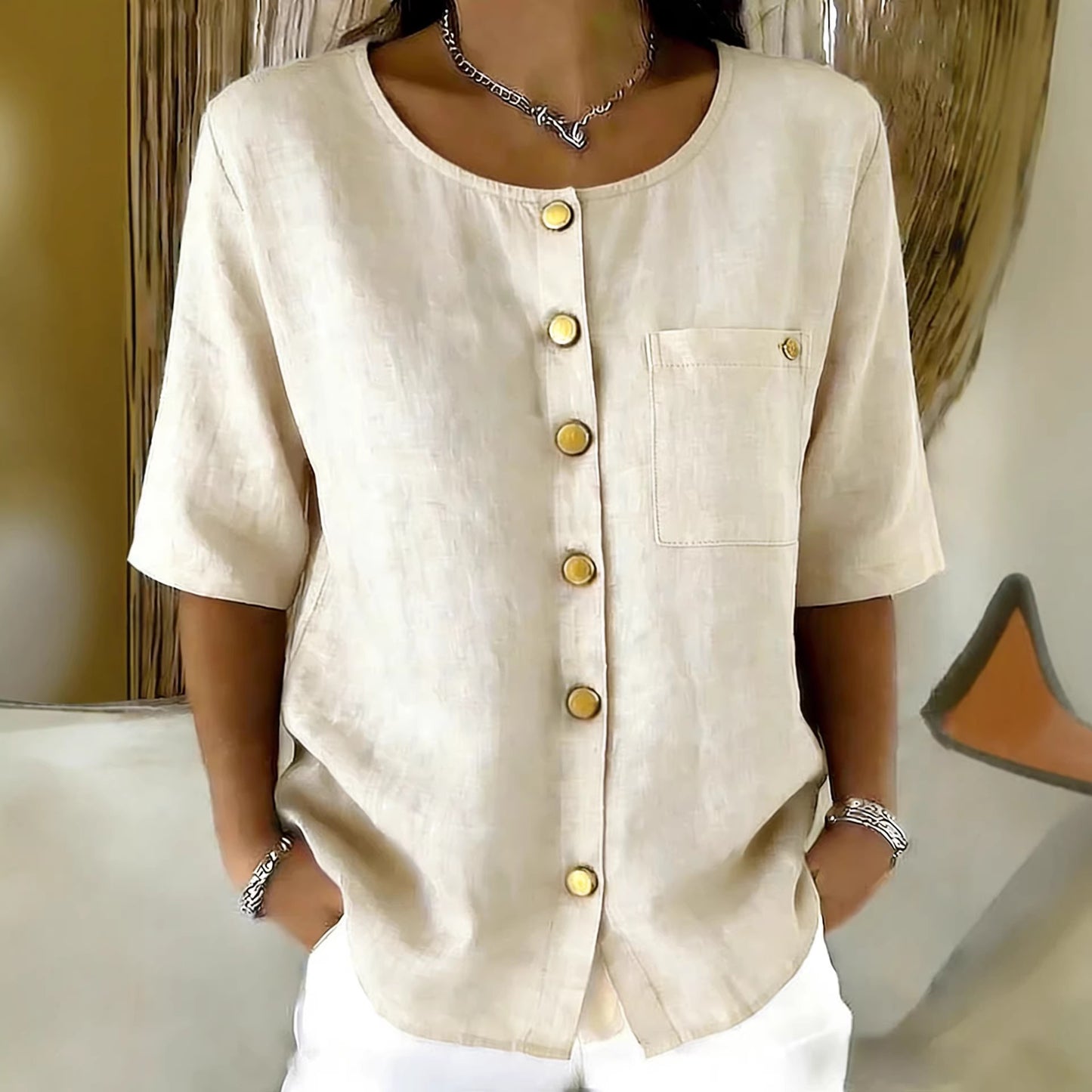 Womens Crew-Neck Shirt With Metal Buttons And Three-Quarter Sleeves