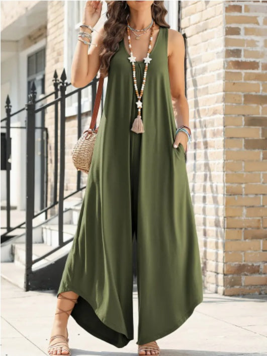 Casual Sleeveless V-Neck Jumpsuit With Pockets