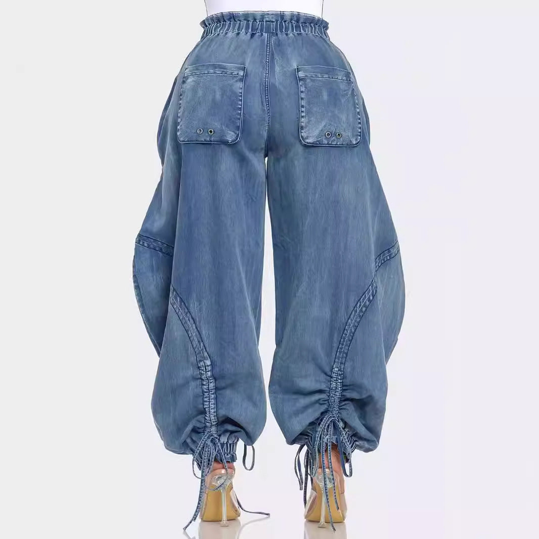 Drawstring Lace-Up Ankle-Tied Bow Loose Jeans