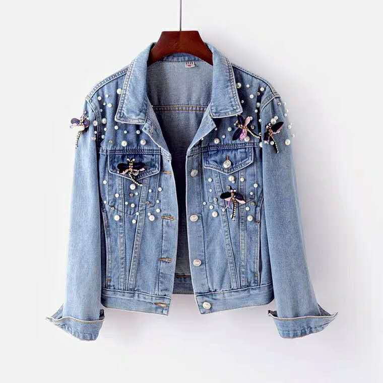 Dragonfly-Beaded Loose Short Denim Jacket