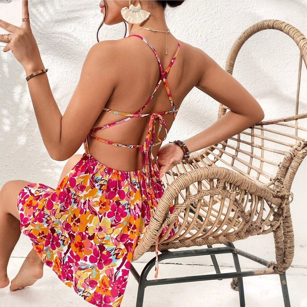 Lace-Up Floral Print Mini Dress
