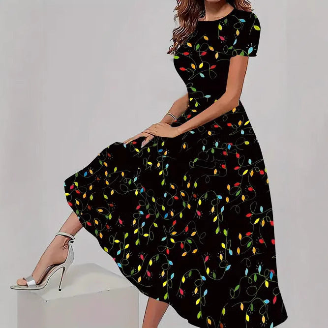 Trendy Casual All-matching Floral Pattern Short Sleeve Round Neck Dress