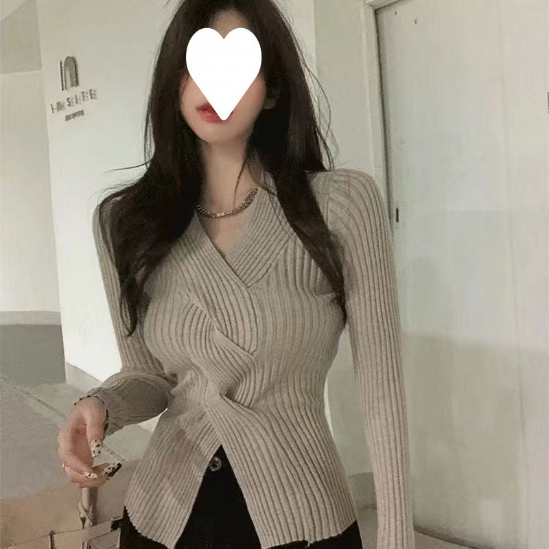 Japanese-Style V-Neck Sweater - Waist-Trimming Short Top For Women