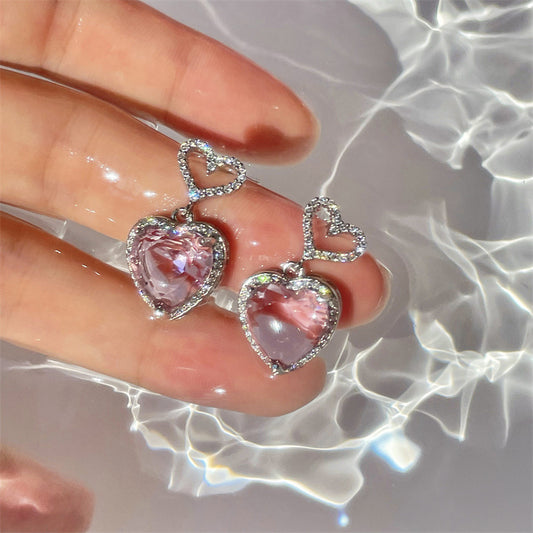 New Light Luxury Premium Feeling Pink Crystal Heart Earrings For Women