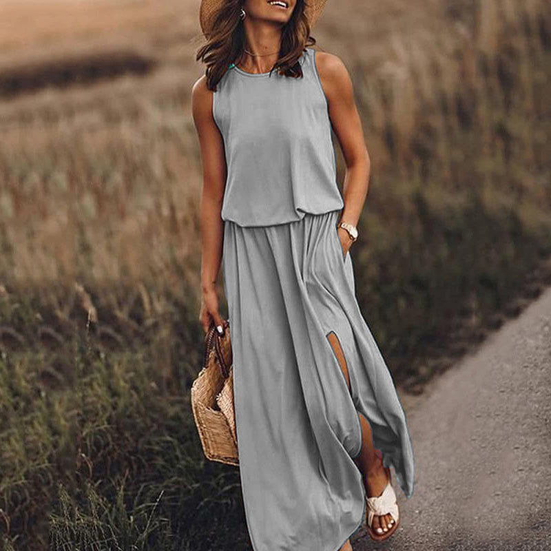Pockets Sleeveless Crew-Neck Maxi Dress - US Only