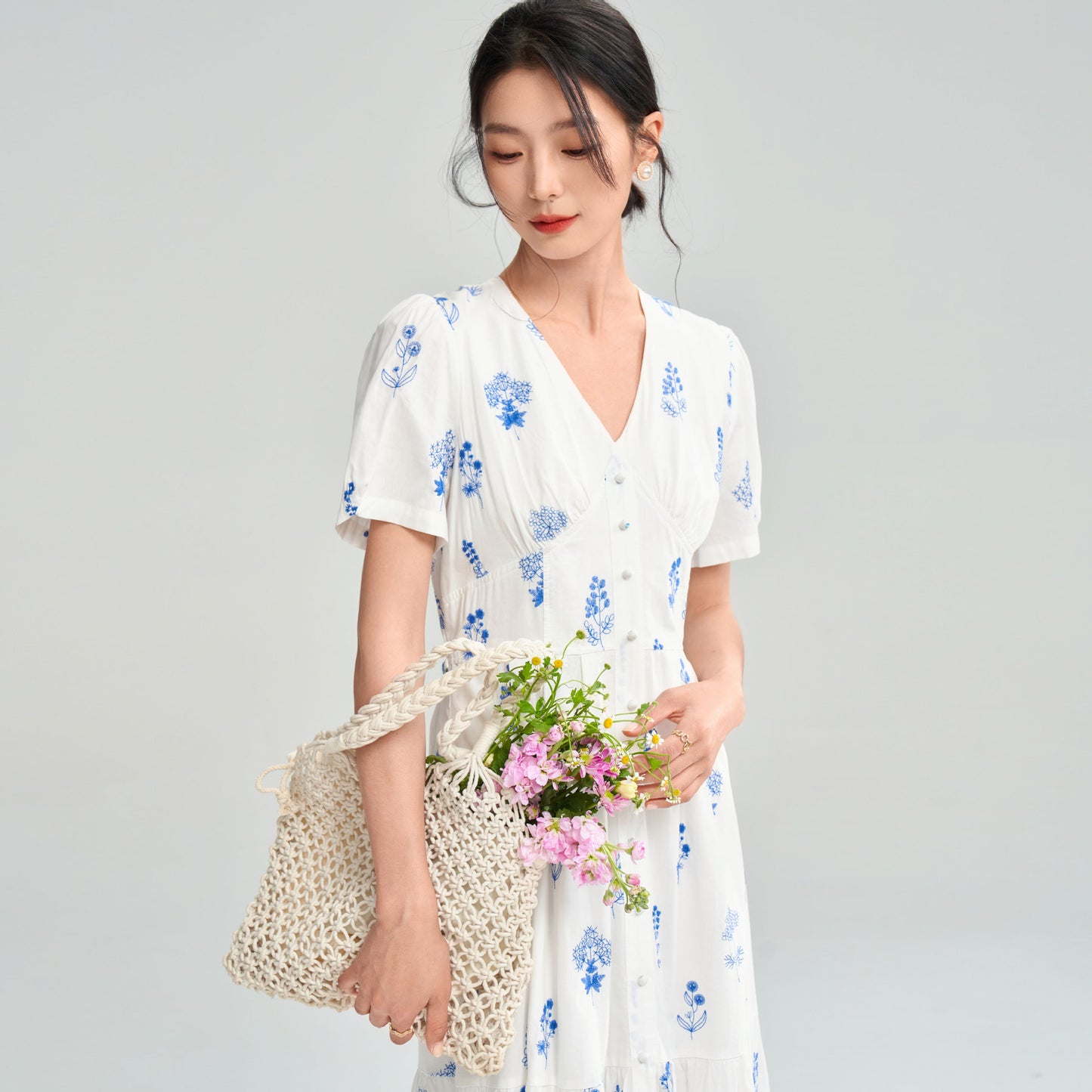 Pure Cotton French Simplicity V-neck Waist-controlled Slimming Elegant Floral Dress