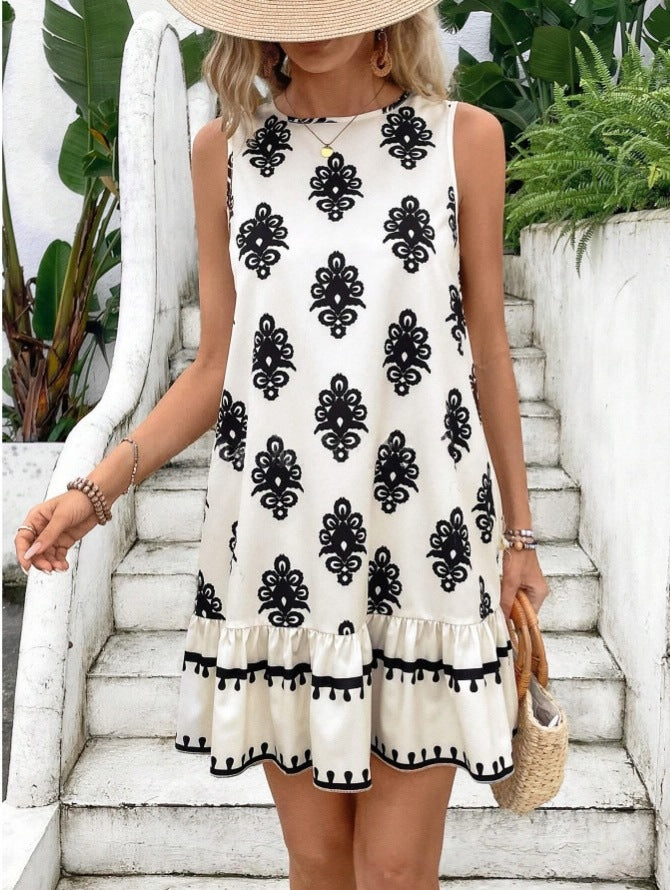 Women's Elegant Printed V-neck A- Line Skirt