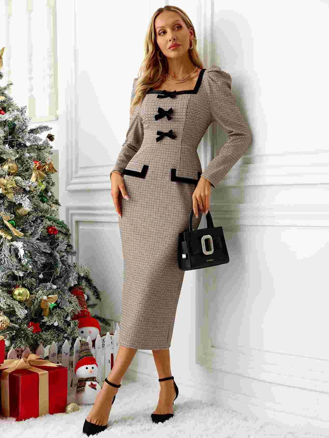 Bow Plaid Square-Neck Puff Sleeve Dress - US Only