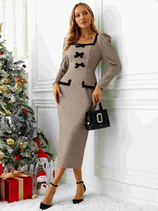 Bow Plaid Square-Neck Puff Sleeve Dress - US Only