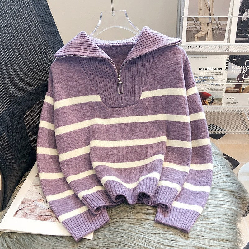 Korean-Style Loose Fashion Zipper Striped Sweater