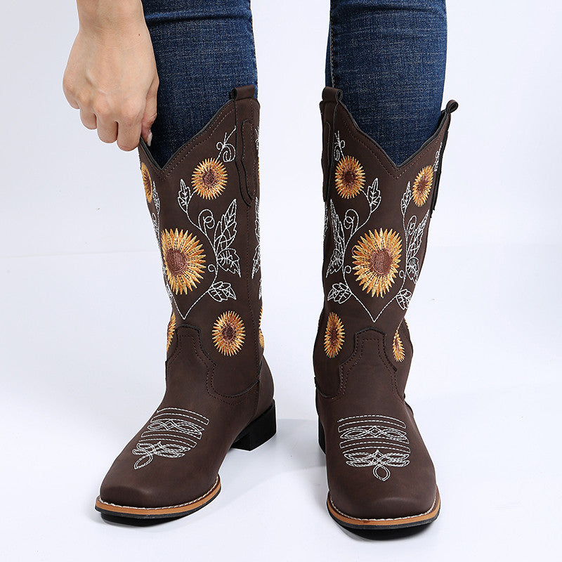 Sunflower Embroidery Cowboy Boots For Women - Low-Heel Western Boots