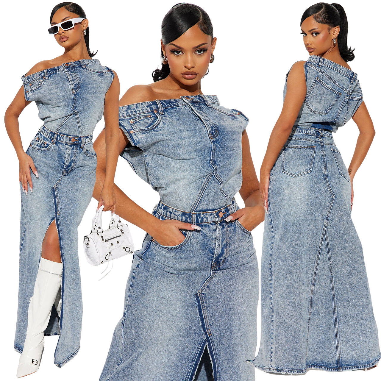 Retro Denim Casual Skirt Suit