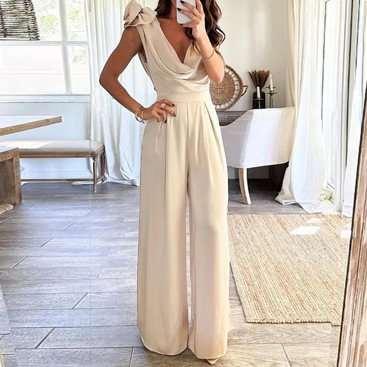 Low-Collar Solid-Colour Elegant-Waist Wide-Leg Jumpsuit