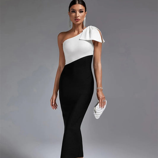 Shoulder Bow Stitching Casual Long Bandage One-Piece Dress