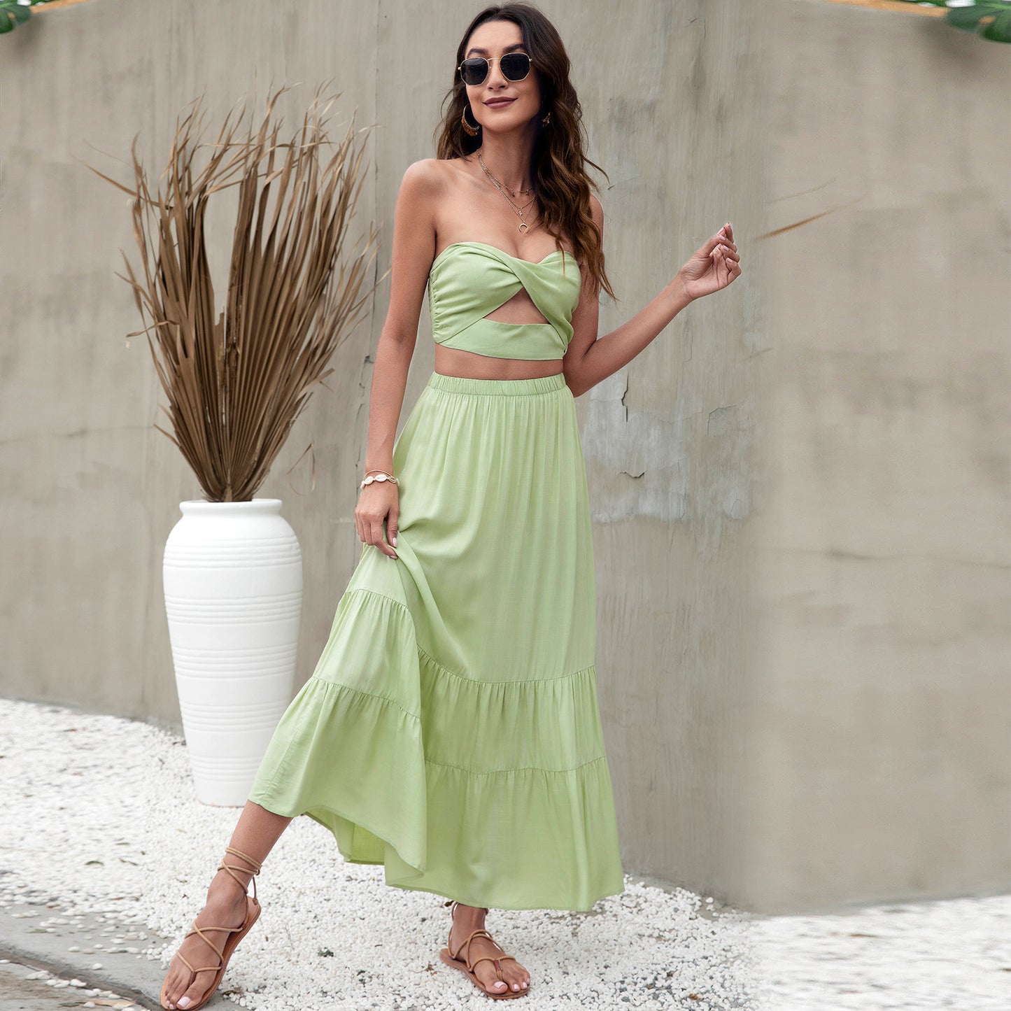 Beach-Style Pure Colour Ruffles Skirt