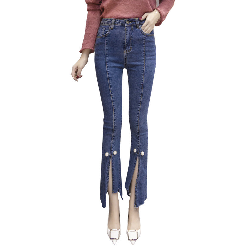 Slit Cropped Micro-flare Jeans Women Slim Slim Straight-leg Pants Trousers