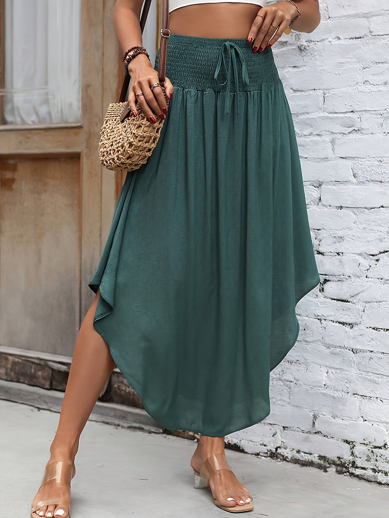 Asymmetrical Hem Tie Front Midi Skirt