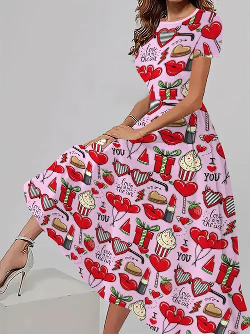 Trendy Casual All-matching Floral Pattern Short Sleeve Round Neck Dress