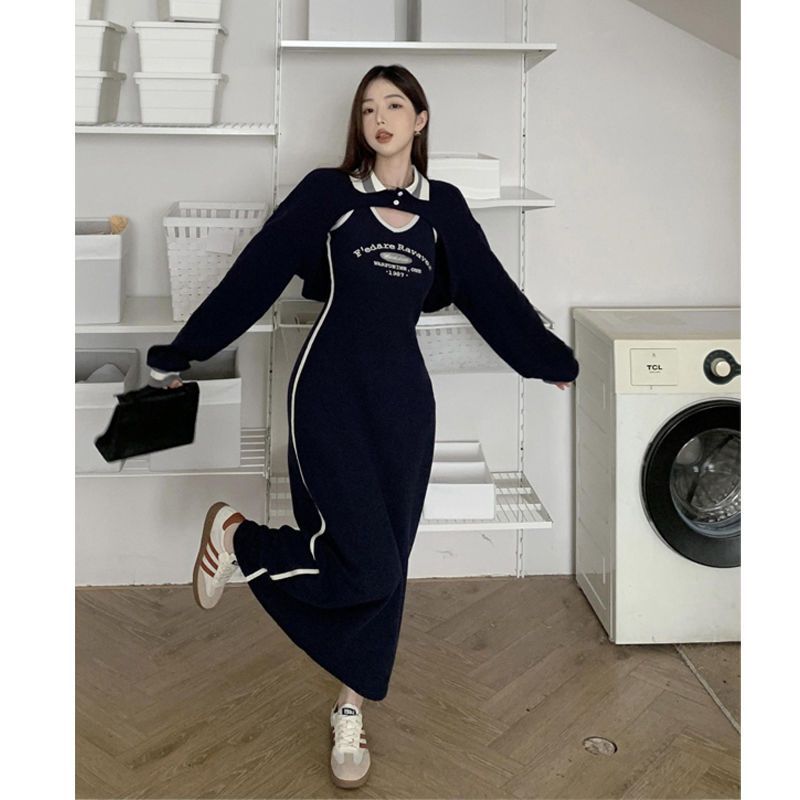 Long-Sleeve Loose Polo-Collar Sweater Dress - Two-Piece Set Option Available