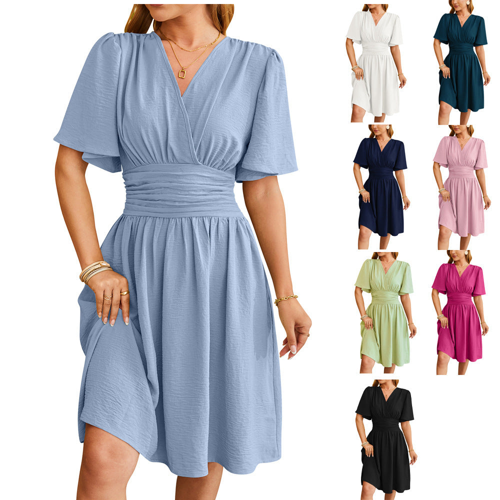 V-Neck Fitted-Waist Flare-Sleeve Midi Dress