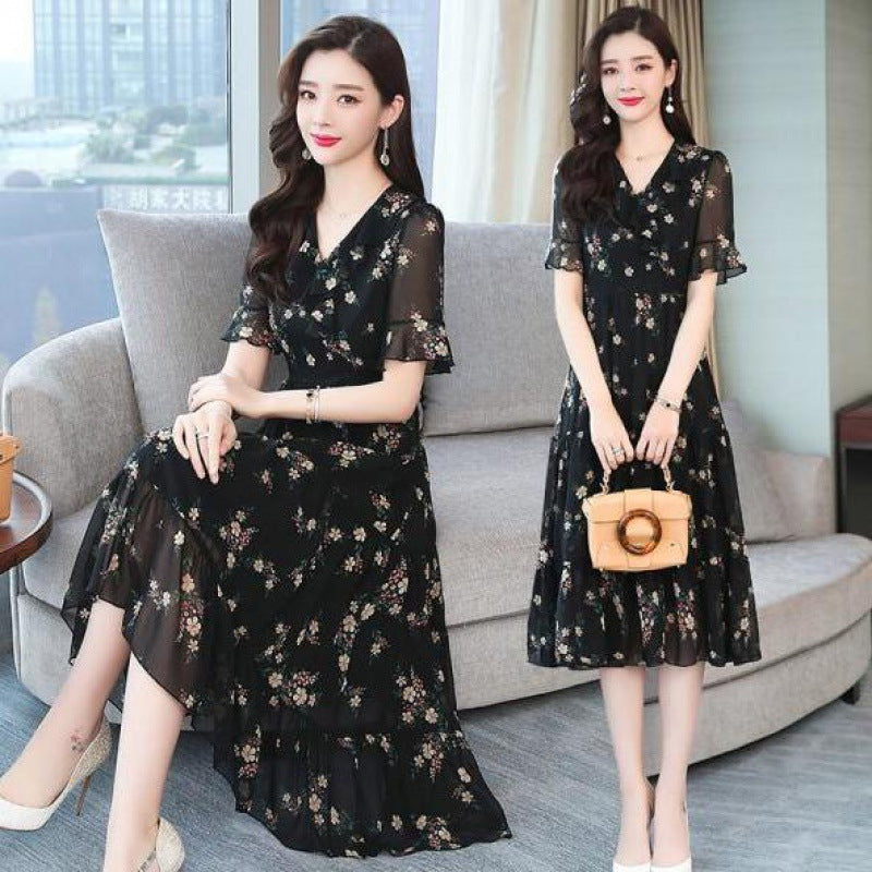 Mid-length Floral Chiffon Dress Covering Belly