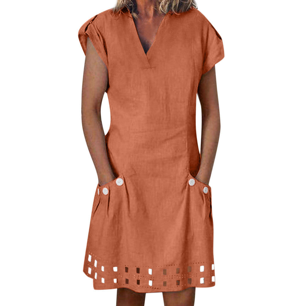 Loose V-neck casual cotton and linen skirt
