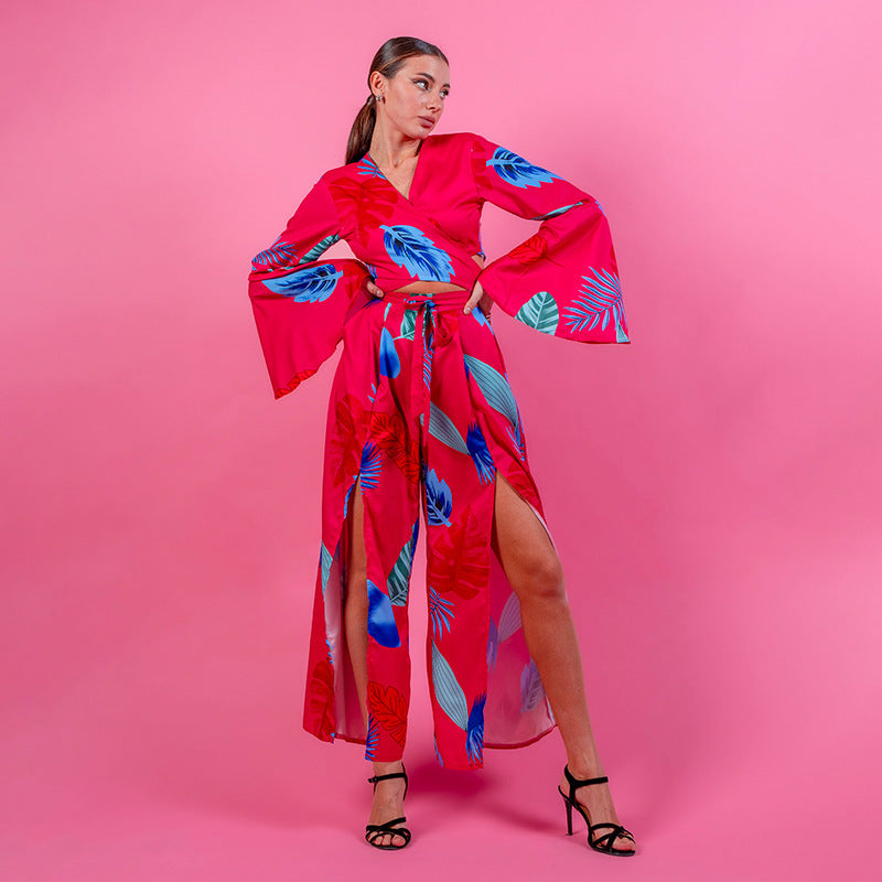 Street Bell Sleeve High Waist Slit Wide Leg Pants Suit