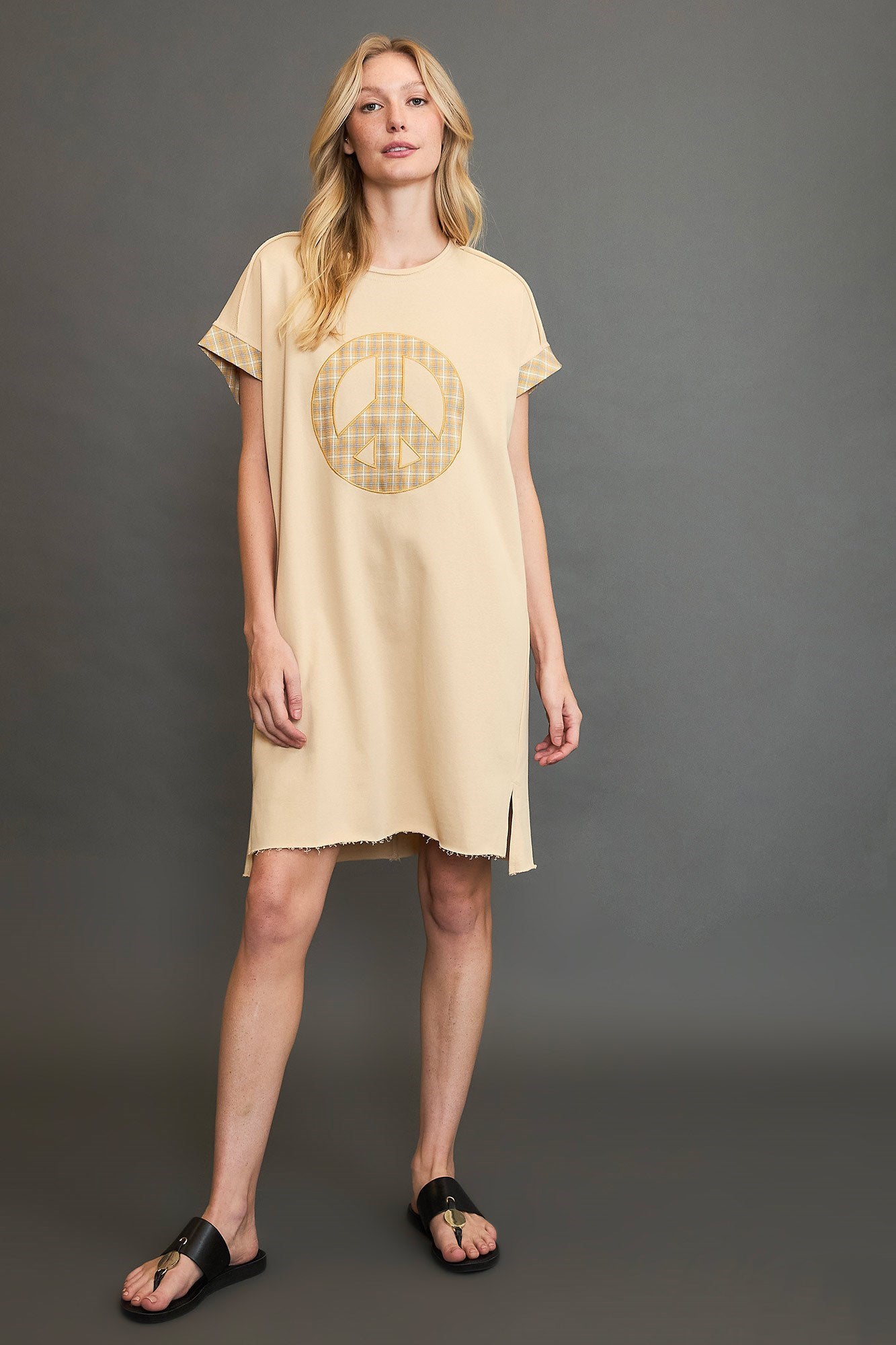 Umgee Peace Plaid Applique Short Sleeve Mini Dress - US Only