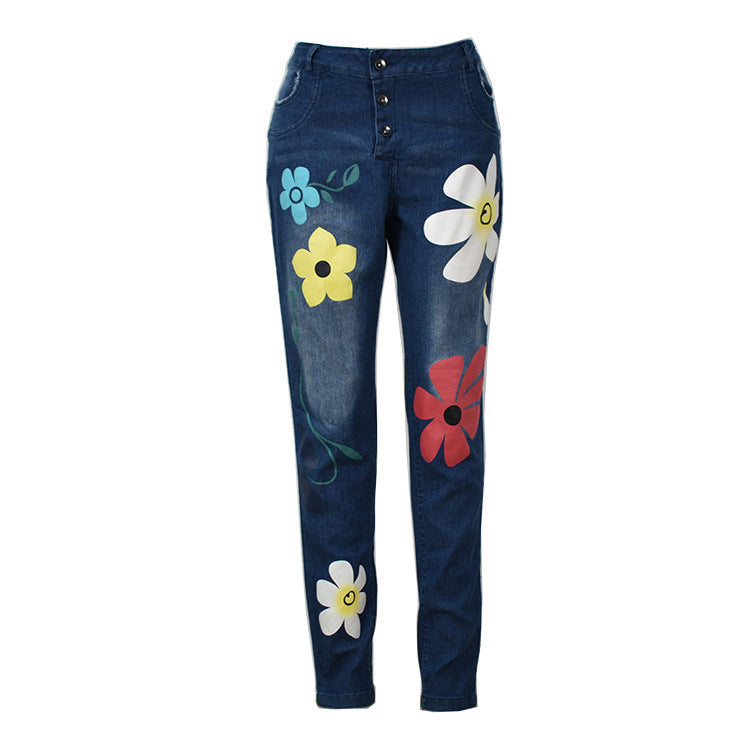 Printed Denim Trousers for Women