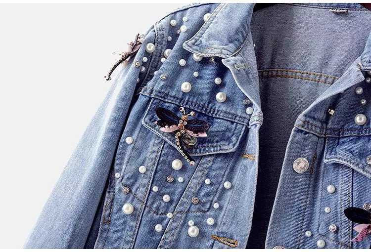 Dragonfly-Beaded Loose Short Denim Jacket