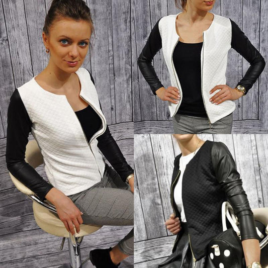 PU Leather Patchwork Thin Short Coat For Women