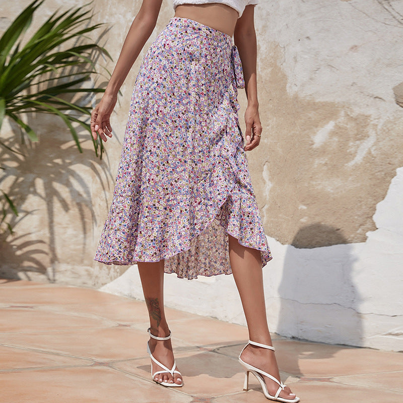 Slim Floral Skirt With Irregular Ruffles And Short