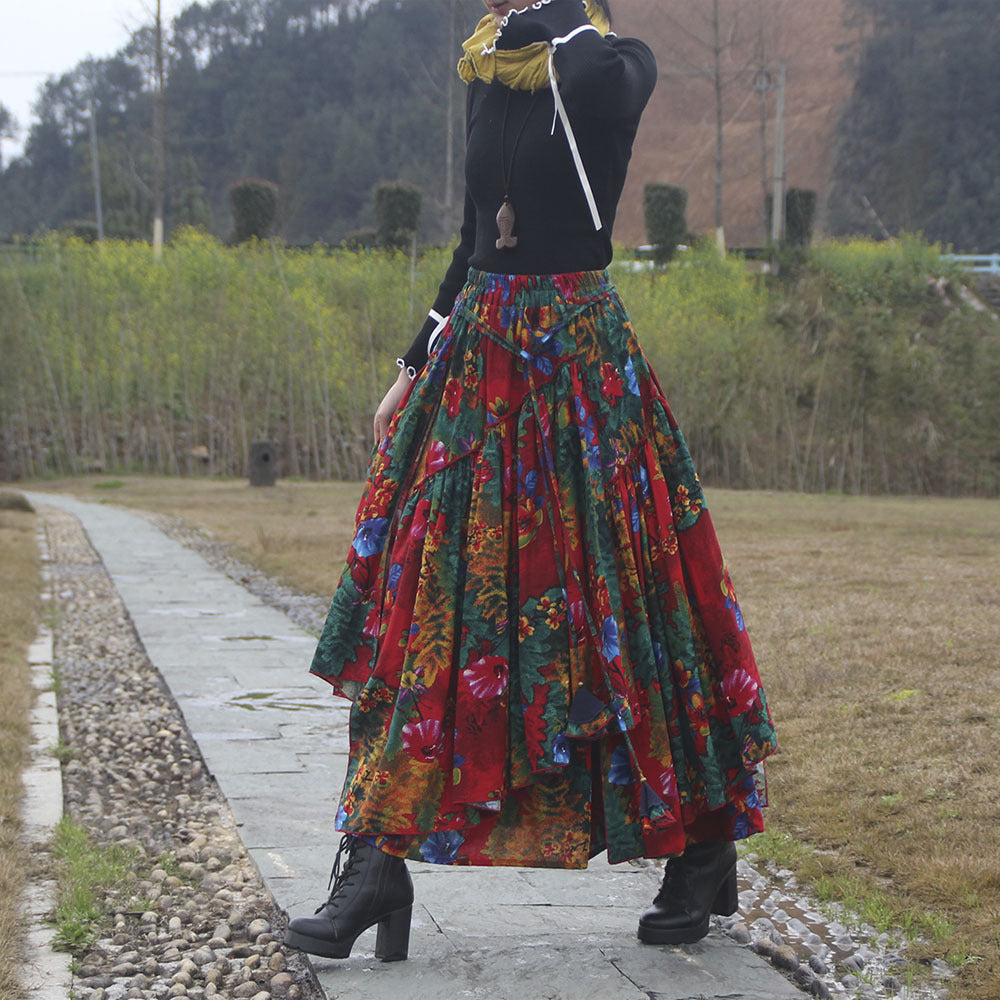 Ethnic-Style Cotton And Linen Printed Skirt