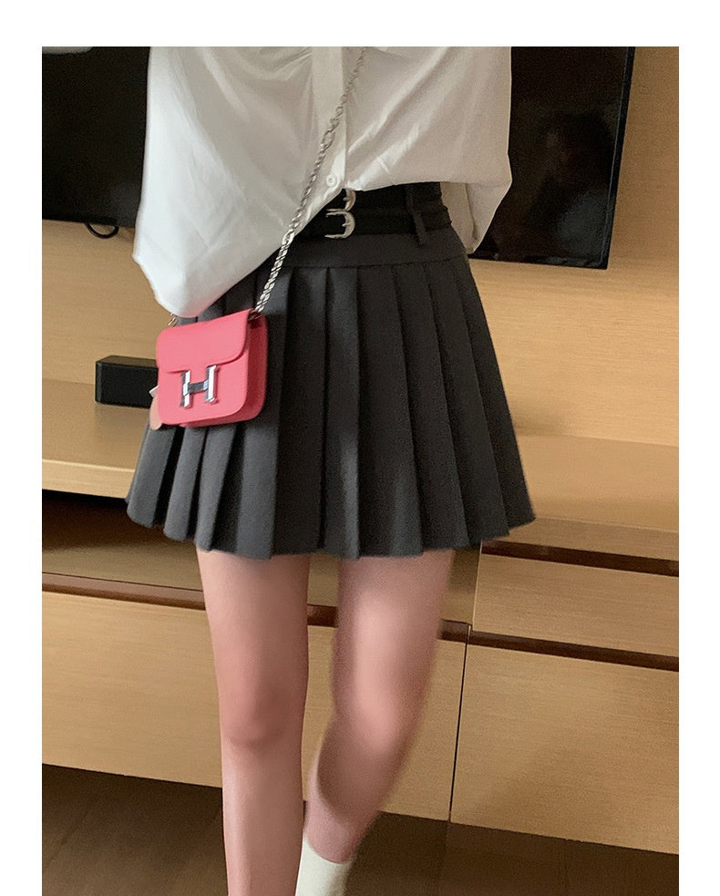 Women's Preppy-Style Design Double-Belt A-Line Skirt