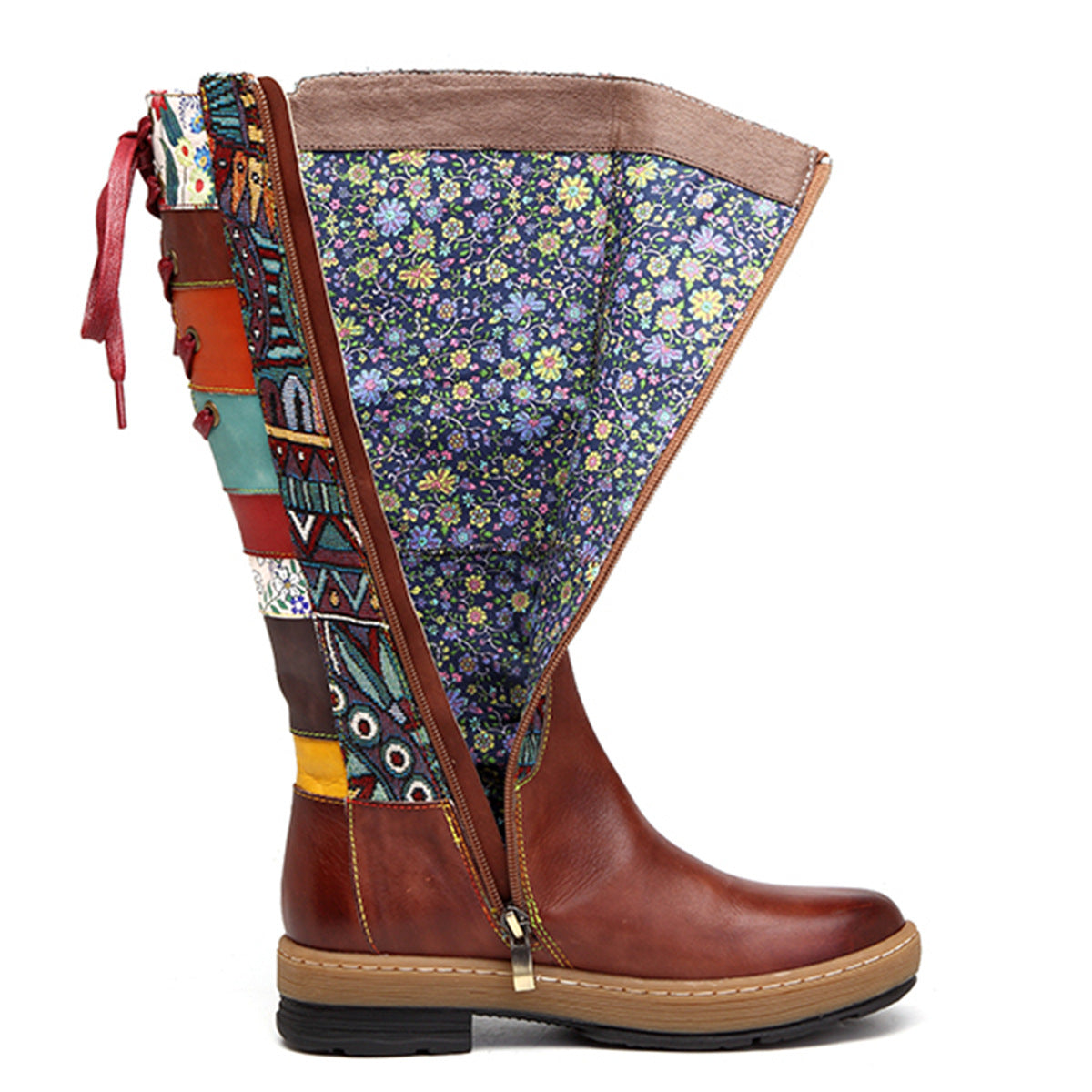 Vintage Mid-Calf Bohemian Retro Genuine Leather Printed Boots