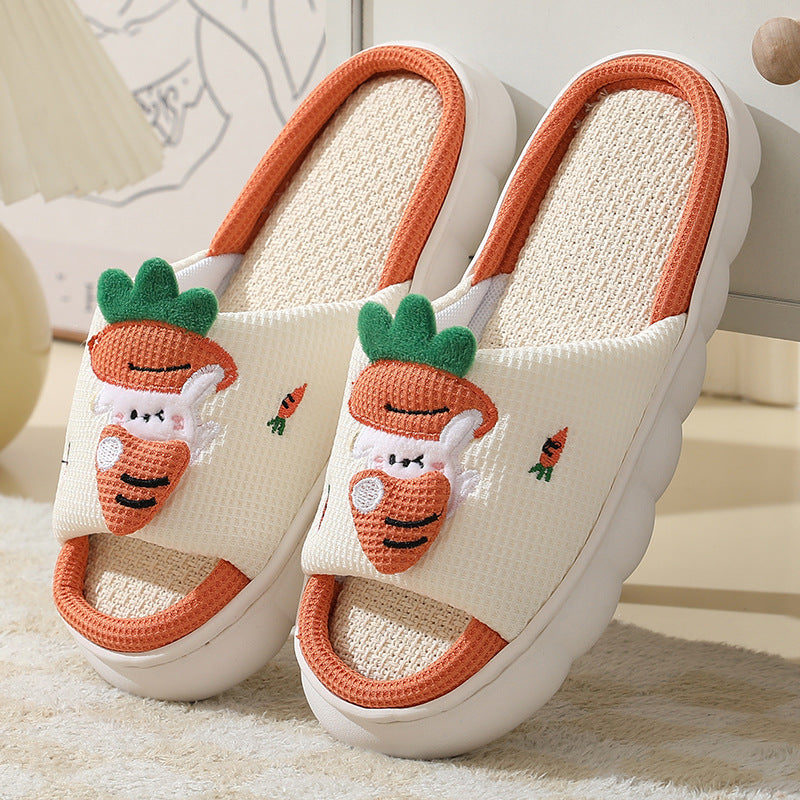 Carrot Rabbit Linen Slippers For Women - Indoor Non-Nlip Thick-Bottom House Shoes