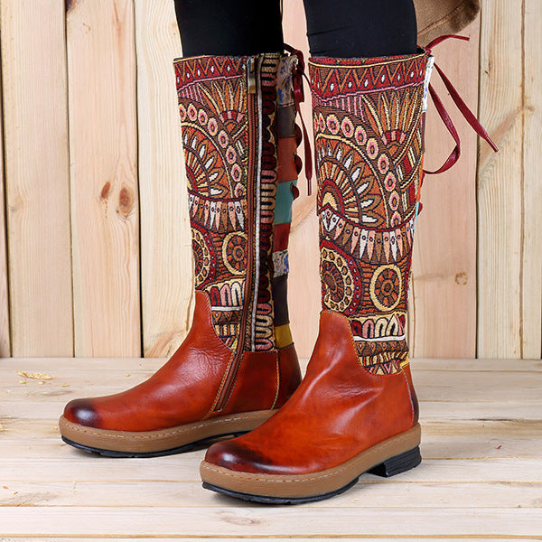 Vintage Mid-Calf Bohemian Retro Genuine Leather Printed Boots