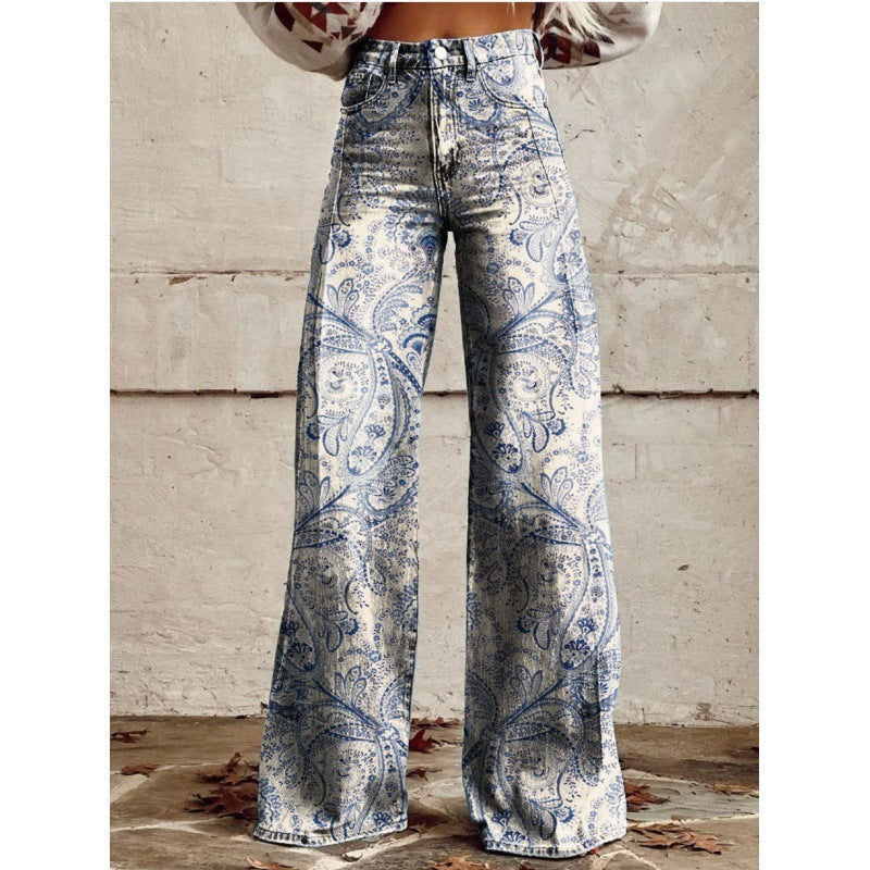 Printed High-Waist Loose Thin Imitation Denim Wide-Leg Pants