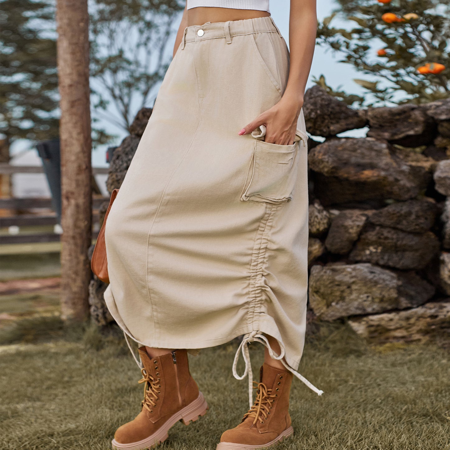 American-Style Denim Casual Midi Skirt